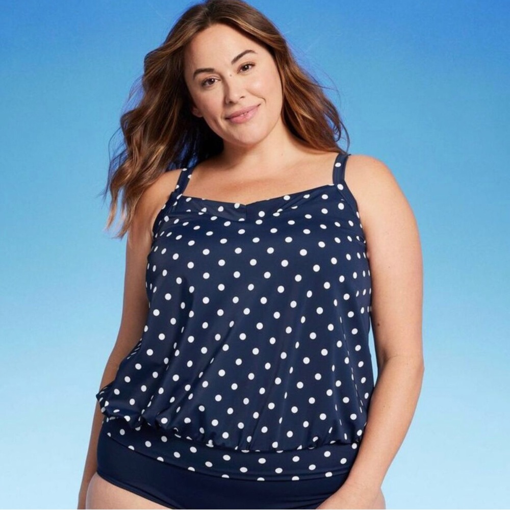 Lands' End Navy and White Polka Dot Swim One Piece